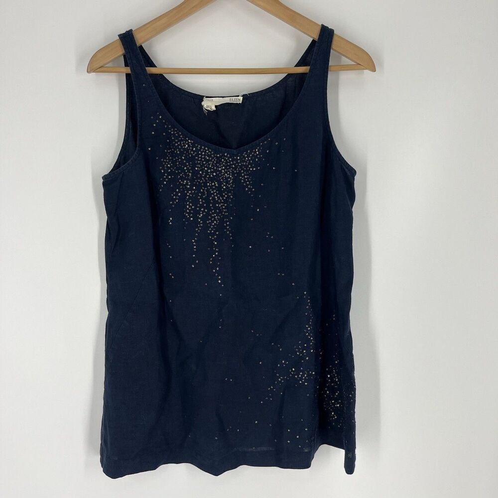 Eileen Fisher Tank Top Size Medium Petite Navy Irish Linen Beaded Sleeveless